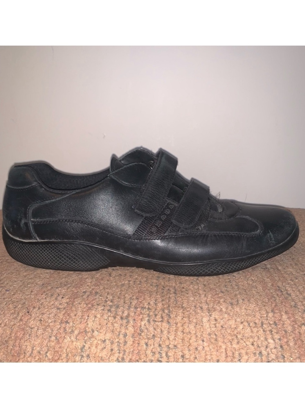 Prada Men's Black Leather Strap Sneakers